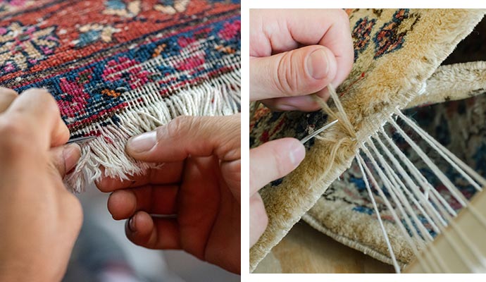 collage of fringe repair and rug patching