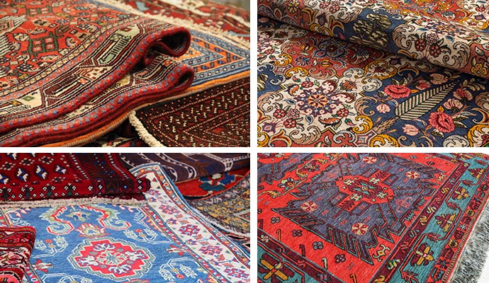 collage of oriental, persian, silk and turkish rug