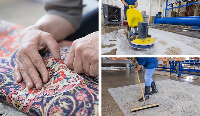 a collage showcasing rug repair, vacuuming and cleaning