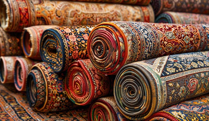 a bunch of rolled up area rugs