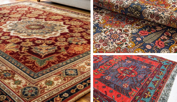 collage of oriental, persian, and turkish rug