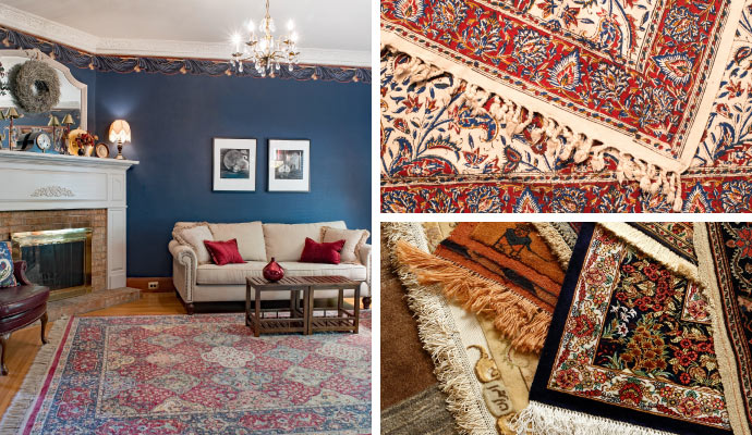 collage of oriental turkish and silk rug