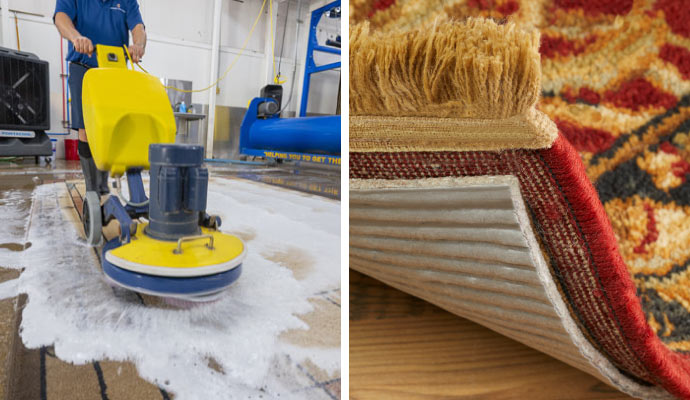 collage of rug cleaning and rug pads