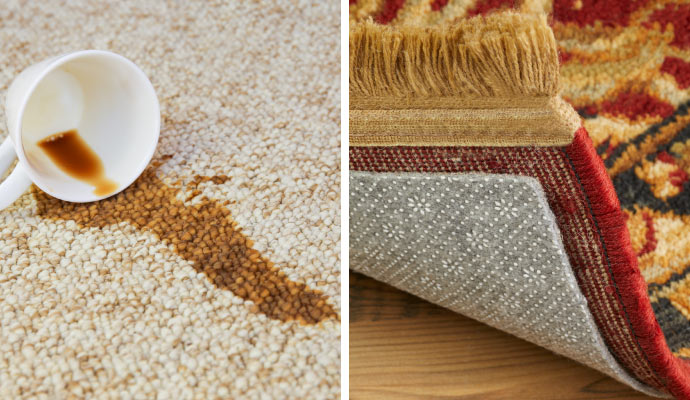 collage of rug stain  and rug pads