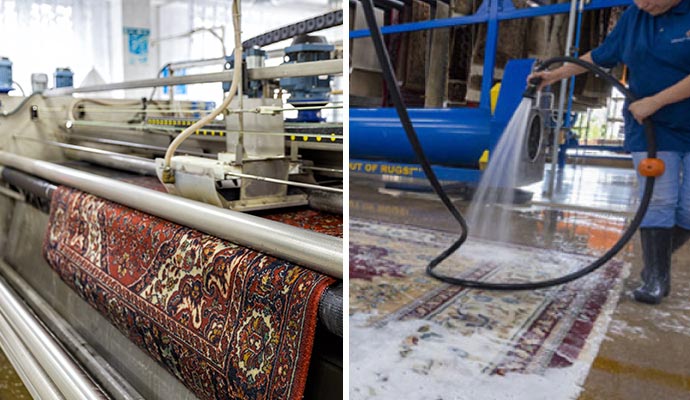 collage of wet and hot water extraction rug cleaning method