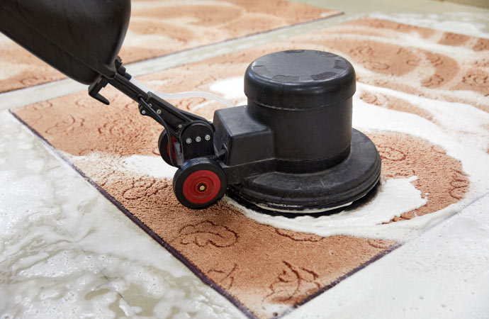 A professional inspecting and washing a rug