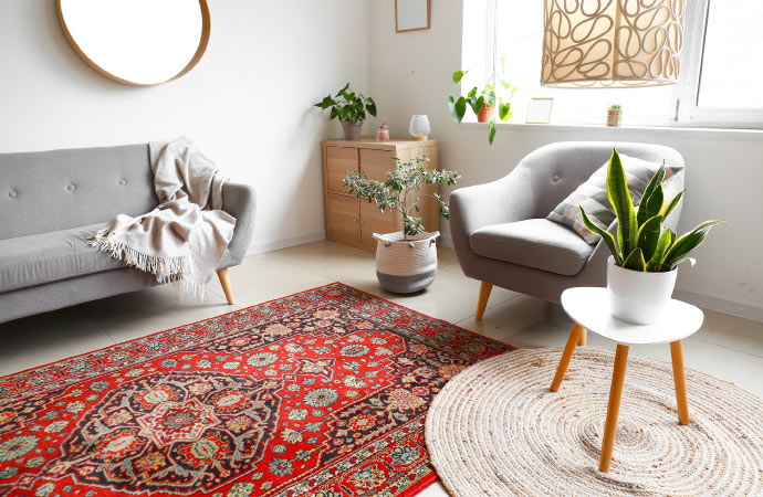 Turkish rugs decorating a room's floor.